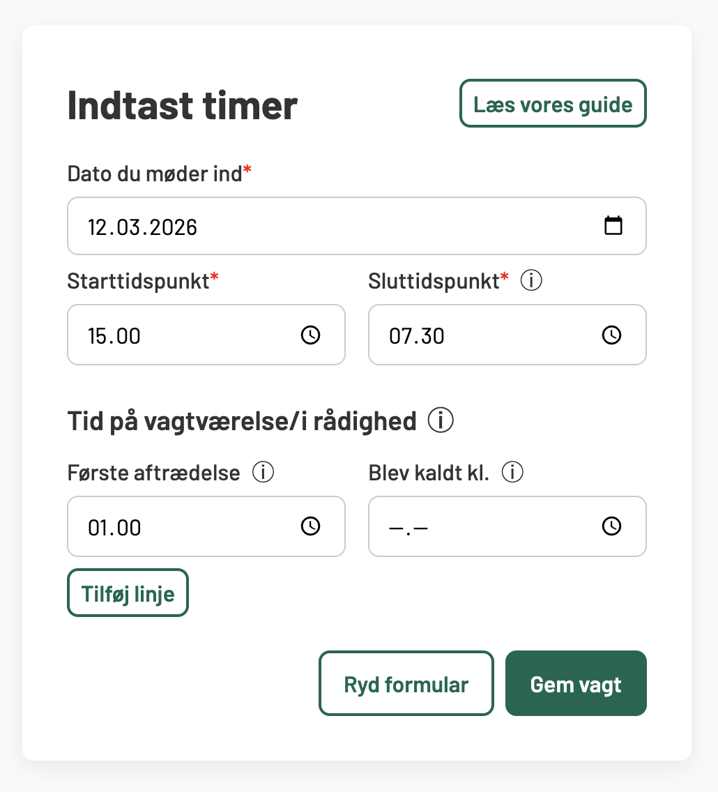 En korrekt udfyldt vagt med én fratrædelse og ingen kald herafter