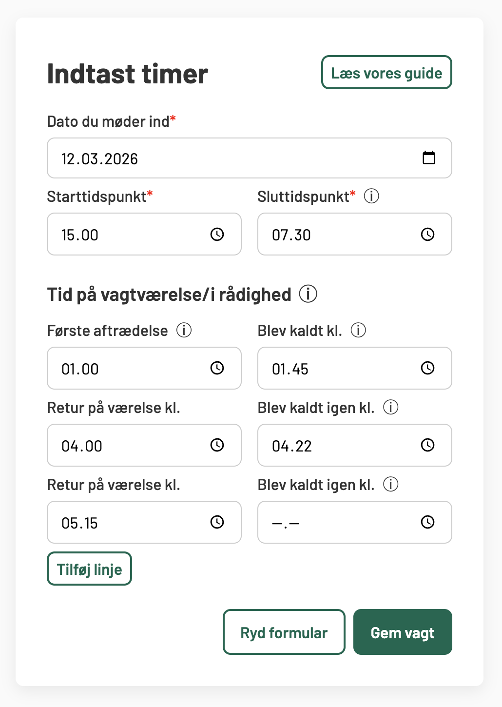 En korrekt udfyldt vagt med én fratrædelse og ingen kald herafter